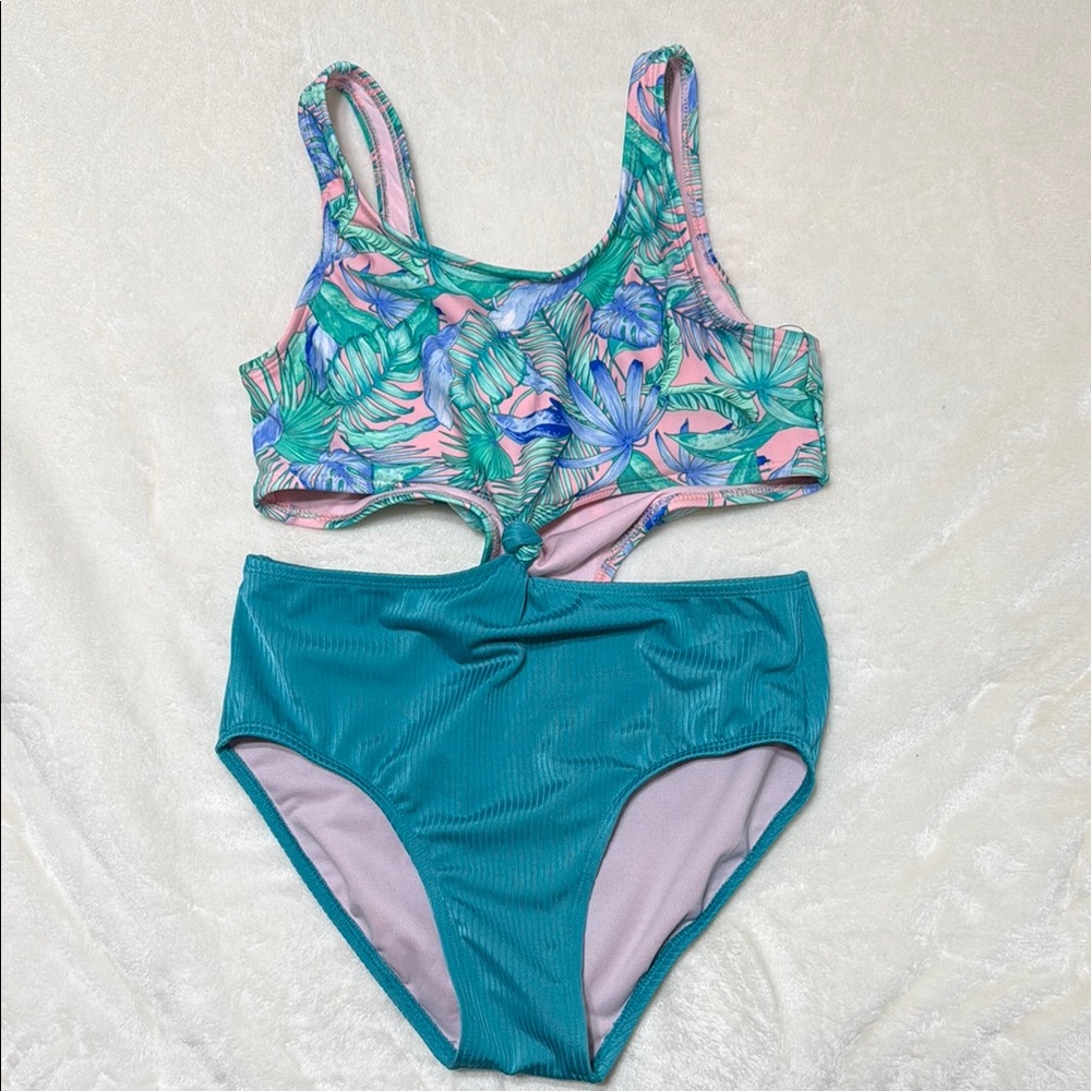 Art Class Pink and Green Leaf Print Swimsuit Girls XL